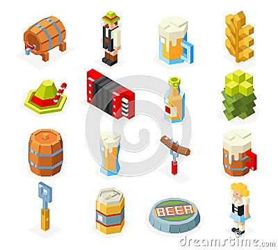 Oktoberfest isometric 3d polygon lowpoly icons set beer keg man woman accordion cap foam sausage fork glass flat design Vector Illustration