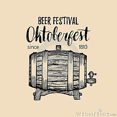 Oktoberfest label. Beer festival sign with hand sketched wooden barrel. Vector vintage brewery badge. Wiesn symbol Vector Illustration