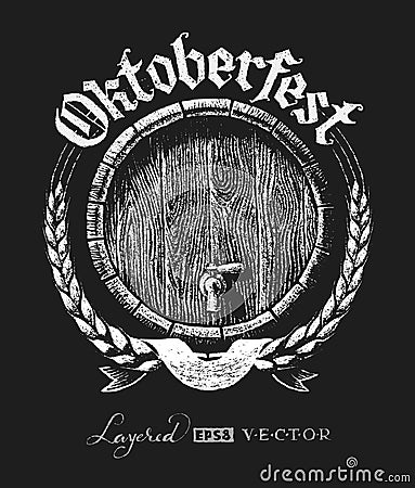 Oktoberfest lettering with wooden barrel Vector Illustration