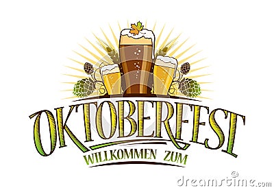 Oktoberfest logo sign isolated on white, glasses of beer and hop Vector Illustration