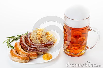 Oktoberfest menu, beer mug, a plate of sausages and sauerkraut Stock Photo