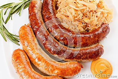 Oktoberfest menu, plate of sausages and sauerkraut Stock Photo