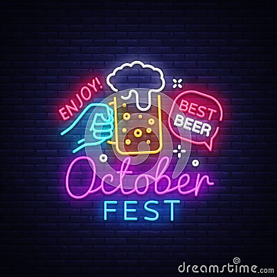 Oktoberfest Neon Logo Vector. Oktoberfest Beer Festival neon sign, design template, modern trend design, night neon Vector Illustration