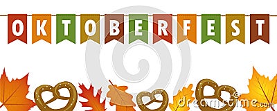 Oktoberfest party flags banner with autumn leaves and pretzel Vector Illustration