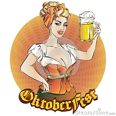Oktoberfest pin-up woman with beer wearing german traditional dress. Oktoberfest logo, banner, hand drawn illustration back Cartoon Illustration