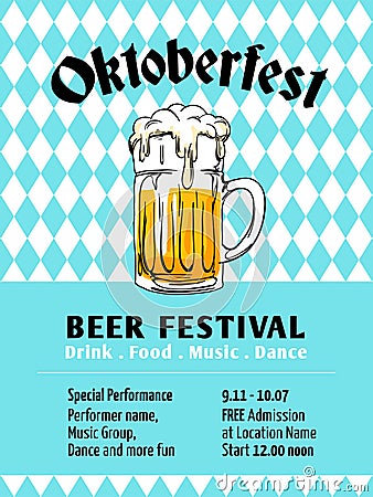 Oktoberfest poster design. Munich beer festival with bavaria flag background. Full glass of beer hand drawn vector illustration. Cartoon Illustration