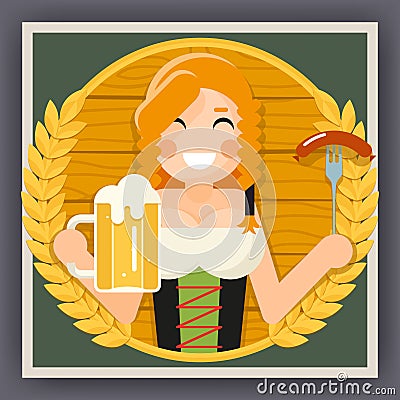 Oktoberfest Poster Girl With Beer Festival Celebration Symbol Flat Design Vector Illustration Vector Illustration