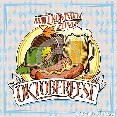 Oktoberfest poster with glass of beer, sausages, barrel and festive hat Vector Illustration