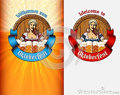 Oktoberfest Poster Template Girl Beer Glass Mug Background Waitress Germany Vector Illustration