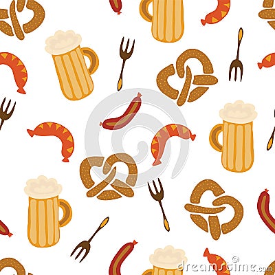 Oktoberfest pretzels beer sausage fork seamless vector illustration pattern. Blue and white checkered background. Perfect for Cartoon Illustration