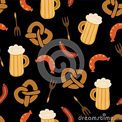 Oktoberfest pretzels beer sausage pattern Vector Illustration