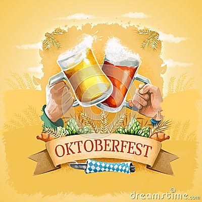 Oktoberfest promotional poster, advertising banner. Famous German annual beer festival held in Bavaria, Germany. Digital art Cartoon Illustration