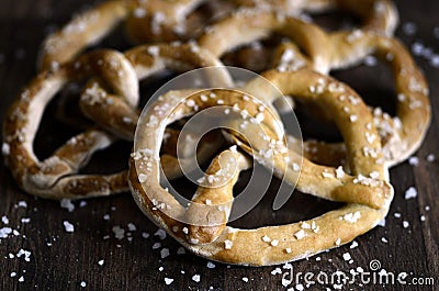 Oktoberfest Salt Dough Pretzels on Dark Rustic Wood Table Stock Photo