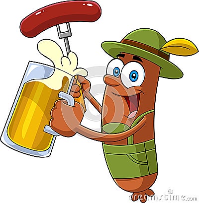 Oktoberfest Sausage Cartoon Character In Traditional Bavarian Clothes Holding A Beer And Weenie On A Fork Vector Illustration