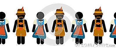 Oktoberfest seamless vector border dirndl dress lederhosen pictogram. Repeating German beer festival horizontal border men women. Vector Illustration