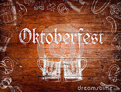 Oktoberfest sign, beer mugs, chalk drawings, wooden background Stock Photo