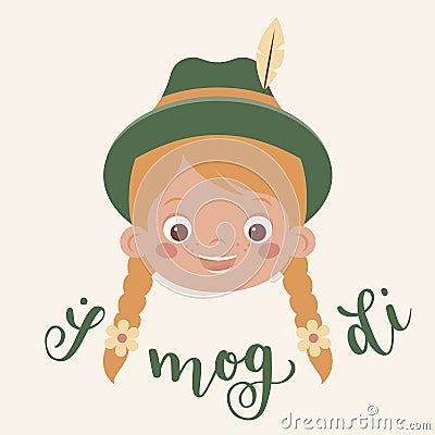 German hand lettering with happy Bavarian girl, perfect for greeting card design. Vector Illustration