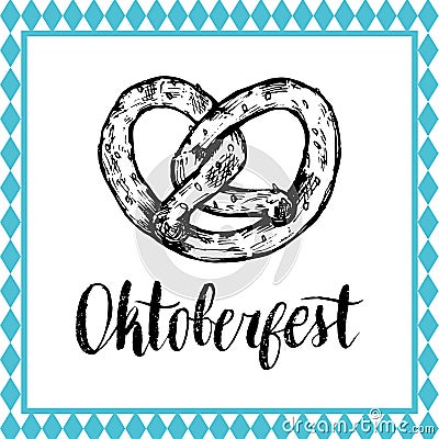 Oktoberfest symbol. Beer festival sign with hand sketched bagel. Bavarian pretzel drawing. Wiesn badge. Vector Illustration