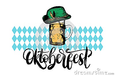 Oktoberfest symbols for beer festival on blue geometric texture. Vector drawn illustrations of glass mug, Bavarian hat. Vector Illustration