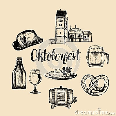 Oktoberfest symbols collection for beer festival flyer and poster. Vector hand sketched set of glass mug, pretzel etc. Vector Illustration