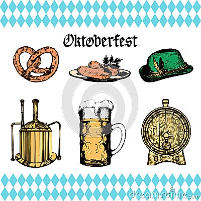 Oktoberfest symbols collection for beer festival flyer and poster. Vector hand sketched set of glass mug, pretzel etc. Vector Illustration