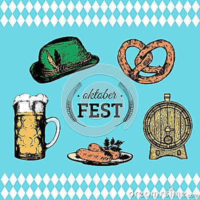 Oktoberfest symbols collection for beer festival flyer and poster. Vector hand sketched set of glass mug, pretzel etc. Vector Illustration