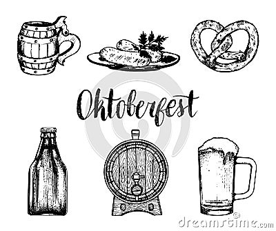 Oktoberfest symbols collection for beer festival flyer and poster. Vector hand sketched set of glass mug, pretzel etc. Vector Illustration