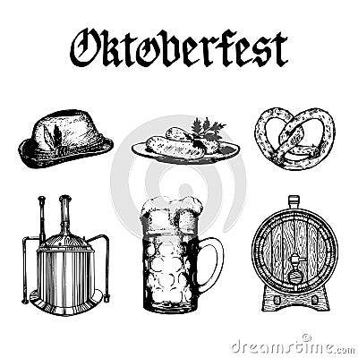 Oktoberfest symbols collection. Vector drawn illustrations of glass mug, pretzel, barrel, Bavarian hat, kettle, sausages Vector Illustration