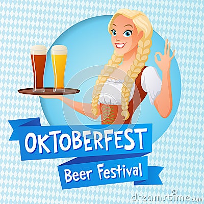 Oktoberfest vector card. Cute girl in national German outfit holding tray with light and dark beer and shows OK sign Vector Illustration