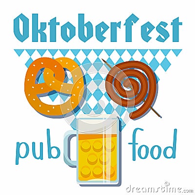 Oktoberfest 2018 of vector flat illustration. Beer, meat, fast food, mug, snack, pretzel, sausage on white blue Bavarian rhombic Cartoon Illustration