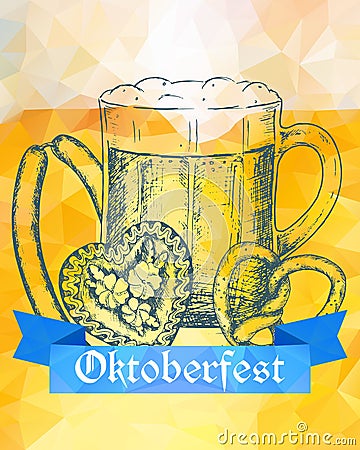 Oktoberfest vector illustration. Beer mug, pretzel, sausages and Vector Illustration