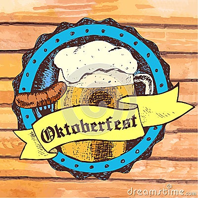 Oktoberfest vector illustration with beer mug, sausage, rhombus Vector Illustration