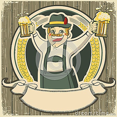 Oktoberfest .Vintage label with man and glasses of Vector Illustration