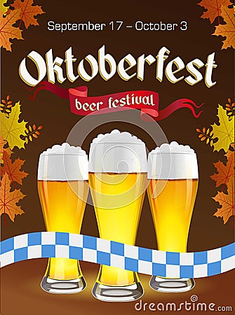 Oktoberfest vintage poster with beer and autumn leaves on dark background. Octoberfest banner. Gothic label Vector Illustration