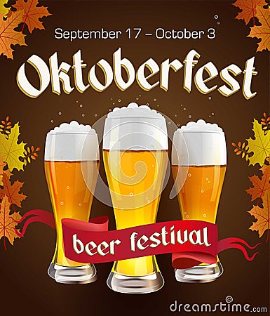 Oktoberfest vintage poster with beer and autumn leaves on dark background. Octoberfest banner. Gothic label Vector Illustration