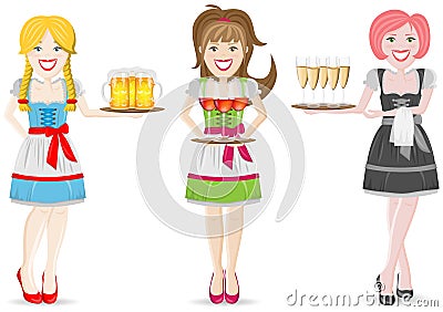 Oktoberfest waitress in dress with drinks set isolated Vector Illustration