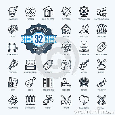 Oktoberfest, the world`s largest beer festival, Bavaria - minimal thin line web icon set. Outline icons collection. Vector Illustration