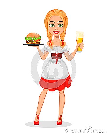 Oktoberfest. Young girl wearing Bavarian costume Vector Illustration