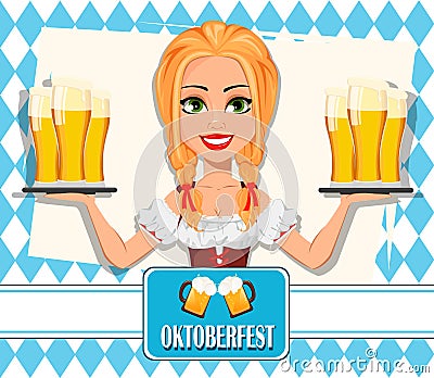 Oktoberfest. Young girl wearing Bavarian costume Vector Illustration