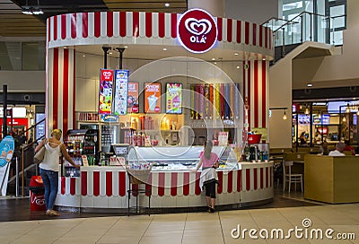 An Ola ice cream shop in the Departures terminal at Faro Airport Editorial Stock Photo