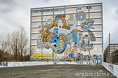 Mural by Ola Volo to pay tribute to the MILE END district of Montreal Editorial Stock Photo