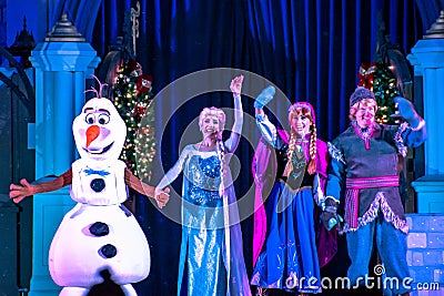 Olaf, Elsa ,Anna and Kristoff in A Frozen Holiday Wish at Magic Kingdom Park 12 Editorial Stock Photo