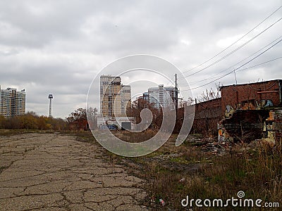 Old abandoned buildings with graffiti on walls. Urban ghetto. Stock Photo