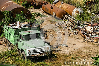 Abandoned cargo truck at a metal dump Stock Photo