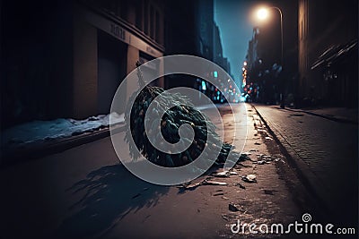 Abandoned christmas tree lying on the stree at night Stock Photo