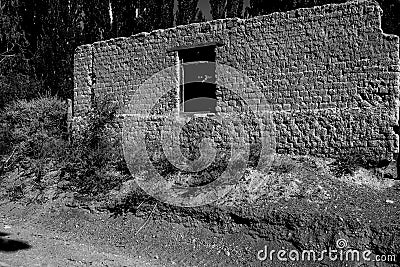 Old abandoned construction located in the countryside between tall trees and dirt trails. Stock Photo