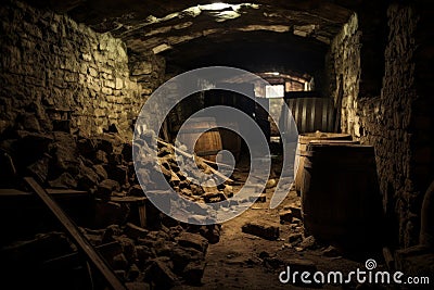 An old abandoned dusty cellar with empty wooden barrels Stock Photo