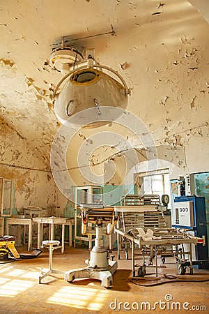 Old abandoned hospital and operating room Stock Photo
