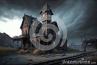 3D rendering of a haunted house with train railway. Stock Photo