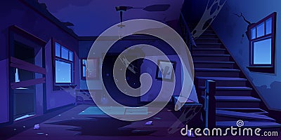 Old abandoned house hallway at night Vector Illustration